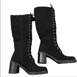 JustFab Women’s Emanuel Black Faux Suede Knee High Heeled Boots